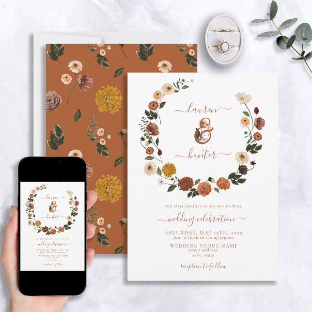 Burnt Orange Floral Wreath Wedding Invitation (Creator Uploaded)