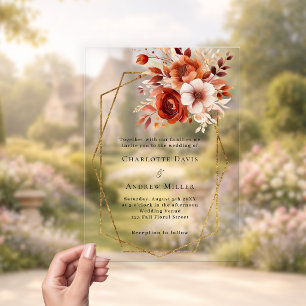 Burnt orange florals gold geometric clear wedding acrylic invitations