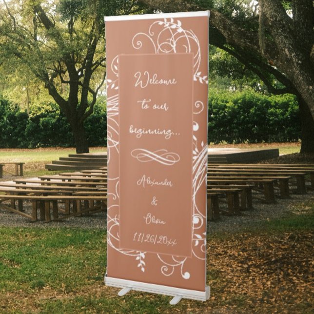 Burnt Orange Flourish Wedding Retractable Banner (Rust Orange Flourish Wedding Welcome Banner)