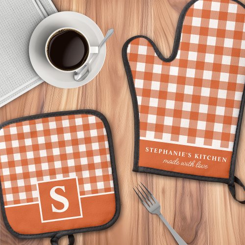 Burnt Orange Gingham Plaid Checkered Monogrammed Oven Mitt  Pot Holder Set