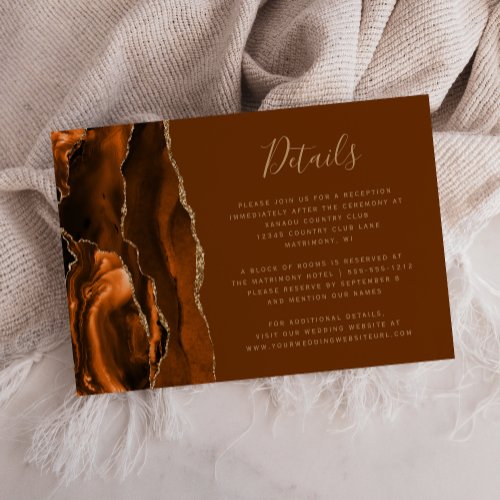 Burnt Orange Gold Agate Brown Wedding Details Enclosure Card