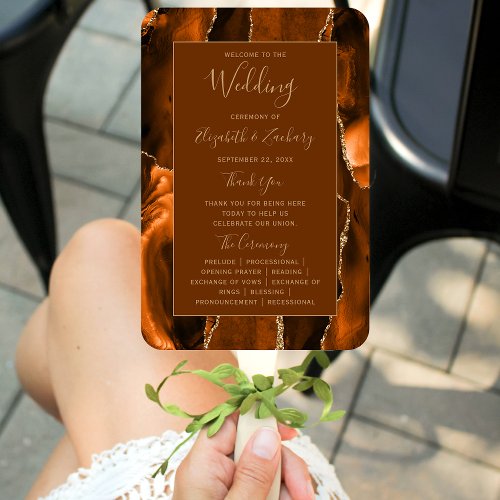 Burnt Orange Gold Agate Brown Wedding Program Hand Fan