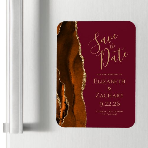 Burnt Orange Gold Agate Burgundy Save the Date Magnet