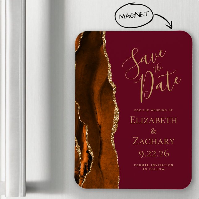 Burnt Orange Gold Agate Burgundy Save the Date Magnet (Creator Uploaded)