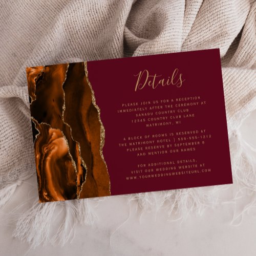 Burnt Orange Gold Agate Burgundy Wedding Details Enclosure Card