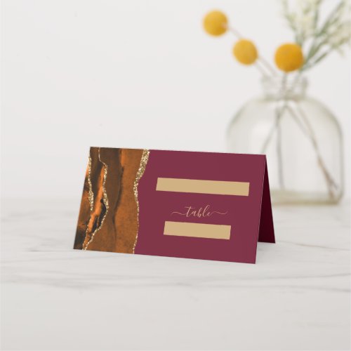Burnt Orange Gold Agate Burgundy Wedding Place Card