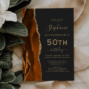 Burnt Orange Gold Agate Dark 50th Birthday Party Invitation
