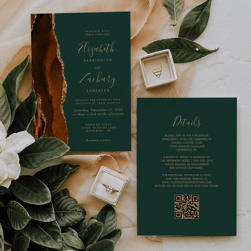 Burnt Orange Gold Agate Dark Green QR Code Wedding Invitation