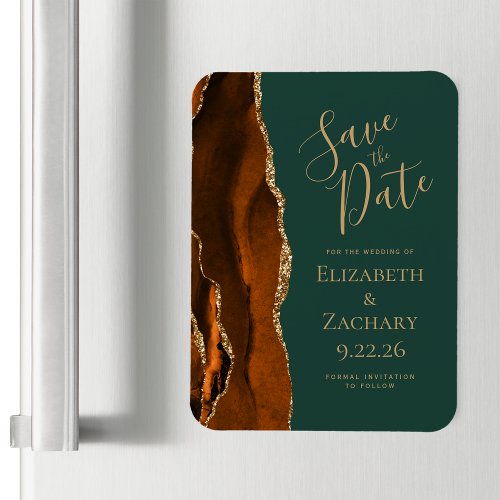 Burnt Orange Gold Agate Dark Green Save the Date Magnet