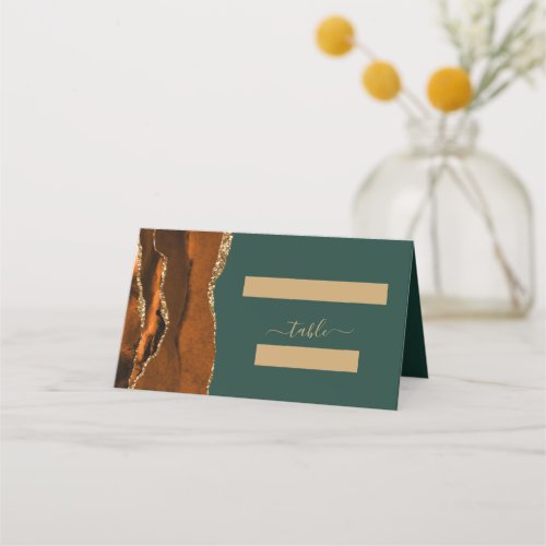 Burnt Orange Gold Agate Dark Green Wedding Place Card