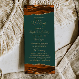 Burnt Orange Gold Agate Dark Green Wedding Program