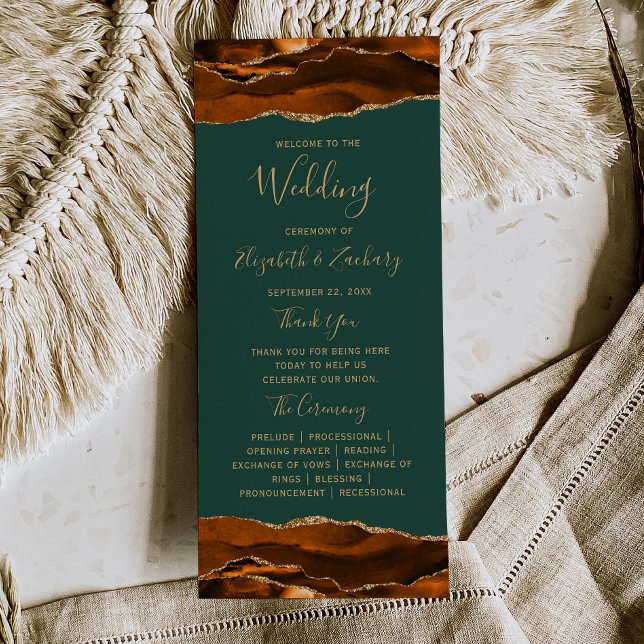 Burnt Orange Gold Agate Dark Green Wedding Program (Creator Uploaded)