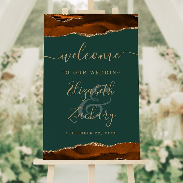 Burnt Orange Gold Agate Dark Green Wedding Welcome Foam Board (Creator Uploaded)