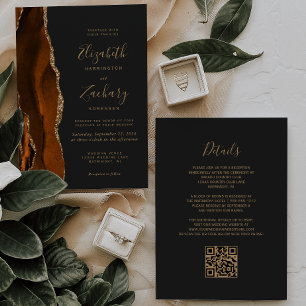 Burnt Orange Gold Agate Dark QR Code Wedding Invitation