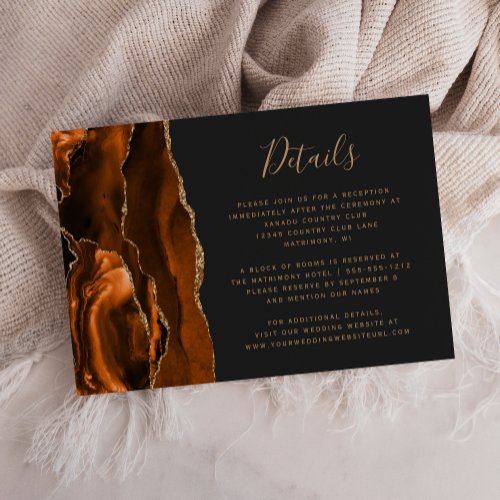 Burnt Orange Gold Agate Dark Wedding Details Enclosure Card