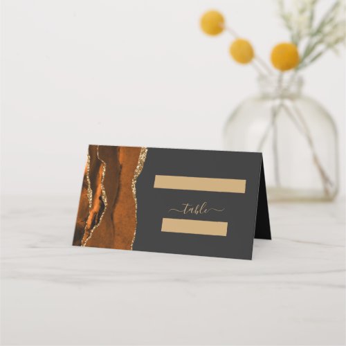 Burnt Orange Gold Agate Dark Wedding Place Card