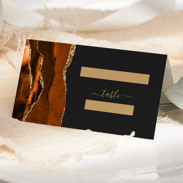 Burnt Orange Gold Agate Dark Wedding Place Card (Creator Uploaded)