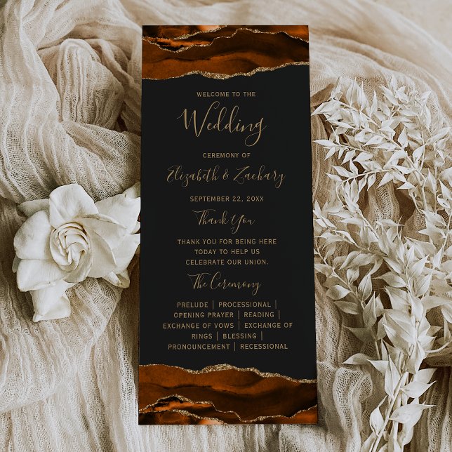 Burnt Orange Gold Agate Dark Wedding Program (Creator Uploaded)