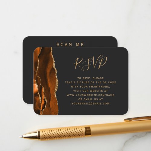 Burnt Orange Gold Agate Dark Wedding QR Code RSVP  Enclosure Card