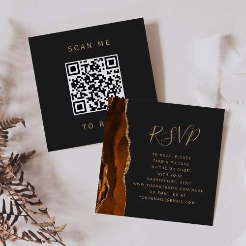 Burnt Orange Gold Agate Dark Wedding QR Code RSVP Enclosure Card