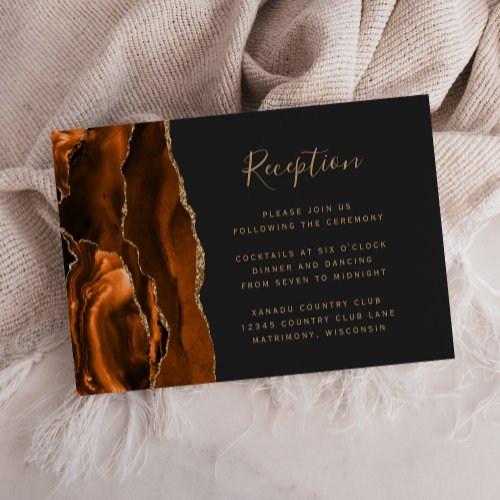 Burnt Orange Gold Agate Dark Wedding Reception Enclosure Card