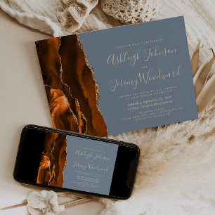 Burnt Orange Gold Agate Dusty Blue Wedding Invitation