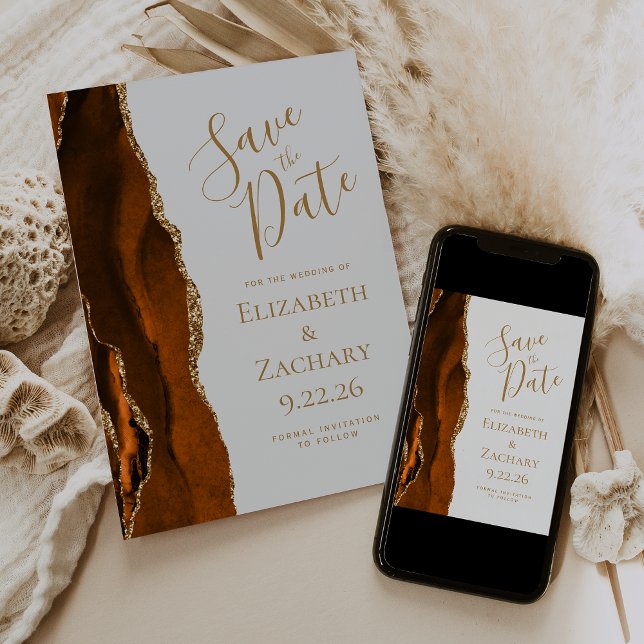 Burnt Orange Gold Agate Gray Save the Date Invitation (Creator Uploaded)