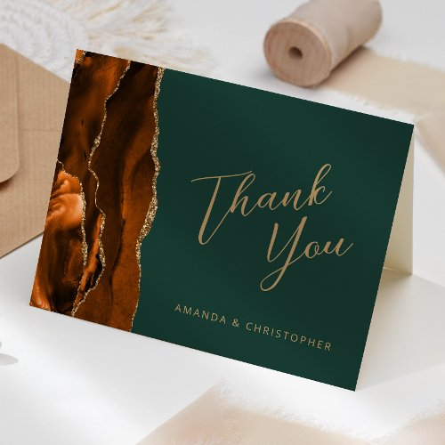 Burnt Orange Gold Agate Green Wedding Thank You Card