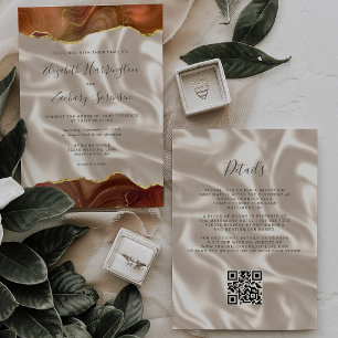 Burnt Orange Gold Agate Ivory Silk QR Code Wedding Invitation