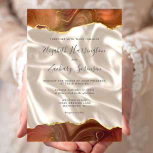 Burnt Orange Gold Agate Ivory Silk Wedding Invitation