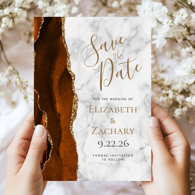 Burnt Orange Gold Agate Marble Save the Date Card (Creator Uploaded)
