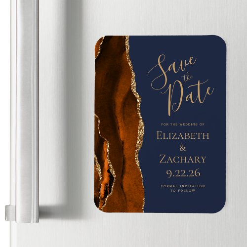 Burnt Orange Gold Agate Navy Blue Save the Date Magnet