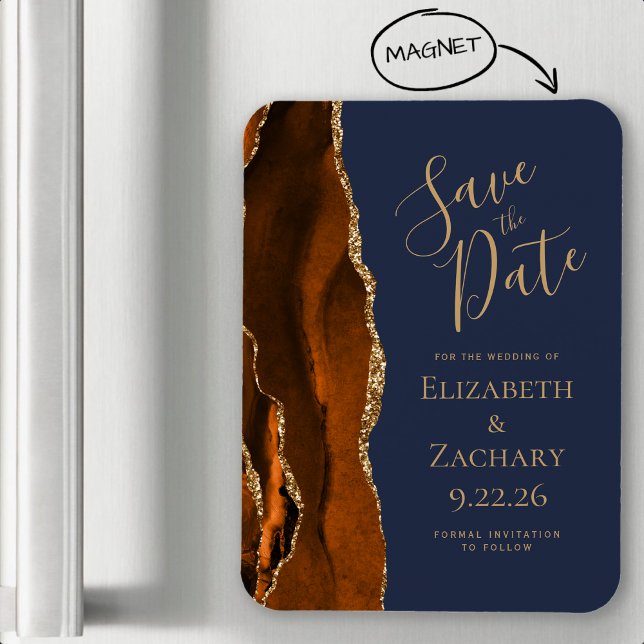 Burnt Orange Gold Agate Navy Blue Save the Date Magnet (Creator Uploaded)