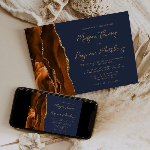 Burnt Orange Gold Agate Navy Blue Script Wedding Invitation