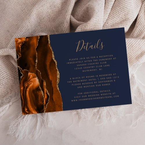 Burnt Orange Gold Agate Navy Blue Wedding Details Enclosure Card