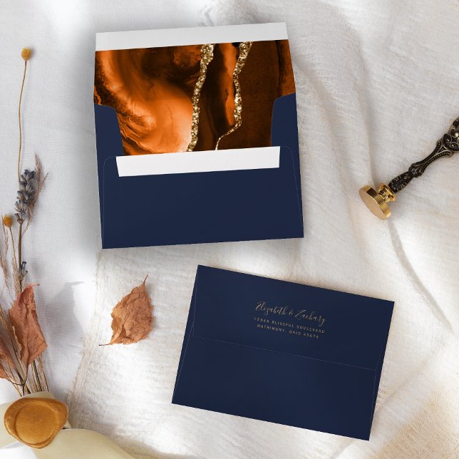 Burnt Orange Gold Agate Navy Blue Wedding Envelope (Creator Uploaded)