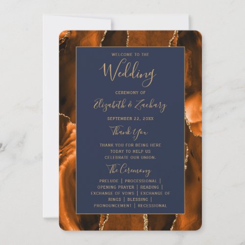 Burnt Orange Gold Agate Navy Blue Wedding Program