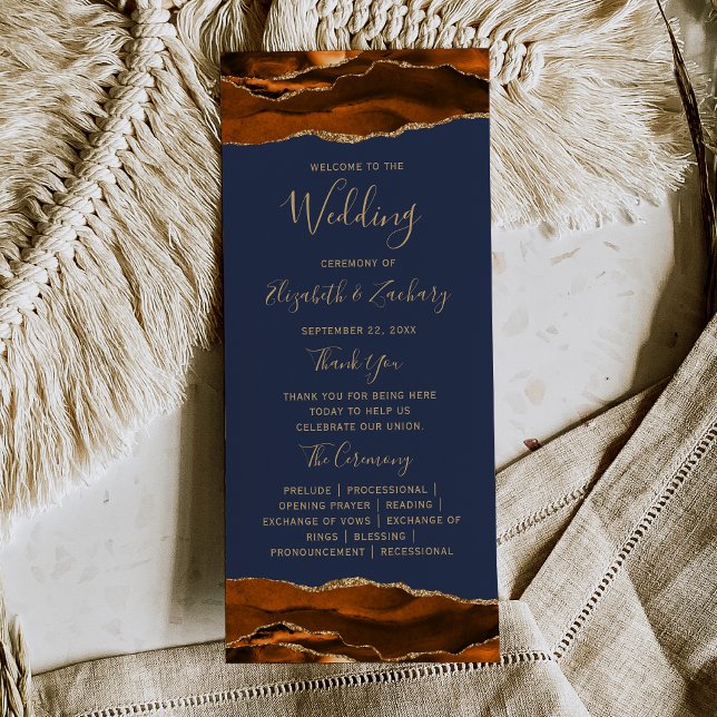 Burnt Orange Gold Agate Navy Blue Wedding Program (Creator Uploaded)