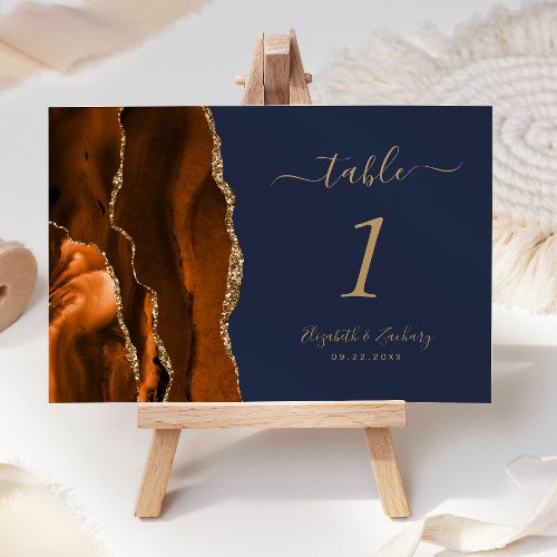 Burnt Orange Gold Agate Navy Blue Wedding Table Number