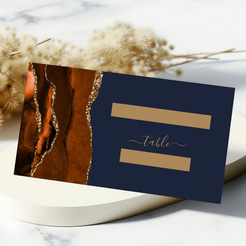 Burnt Orange Gold Agate Navy Blue Wedding Table Place Card