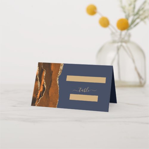 Burnt Orange Gold Agate Navy Blue Wedding Table Place Card