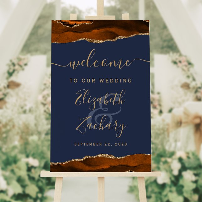 Burnt Orange Gold Agate Navy Blue Wedding Welcome Foam Board (Creator Uploaded)