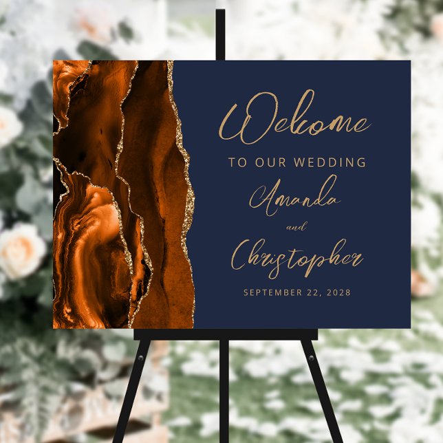Burnt Orange Gold Agate Navy Blue Wedding Welcome Foam Board (Creator Uploaded)