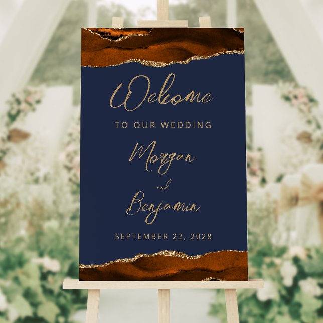 Burnt Orange Gold Agate Navy Blue Wedding Welcome Foam Board (Creator Uploaded)
