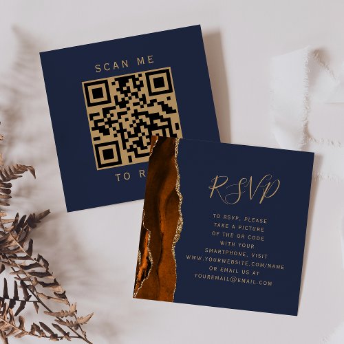 Burnt Orange Gold Agate Navy Wedding QR Code RSVP Enclosure Card