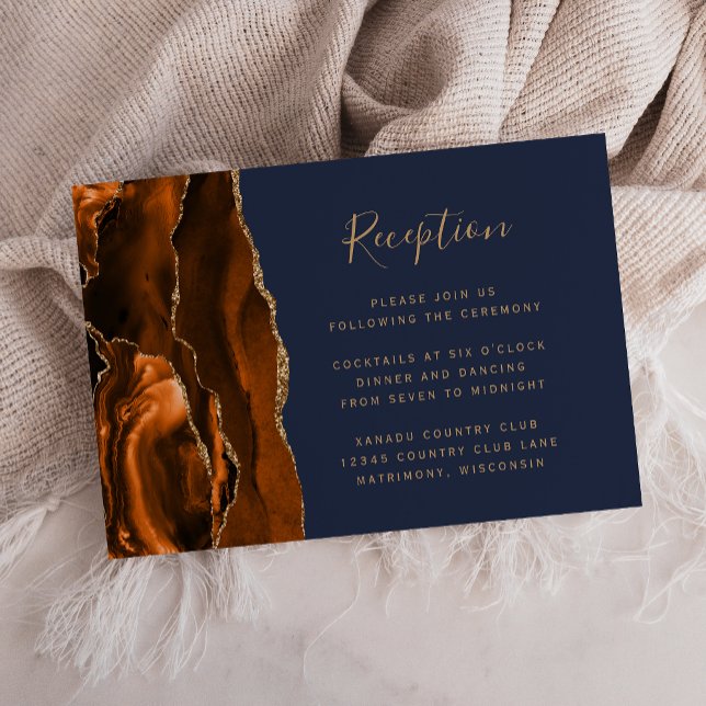 Burnt Orange Gold Agate Navy Wedding Reception Enclosure Card (Creator Uploaded)