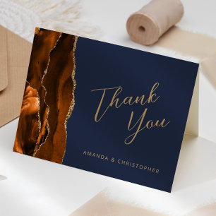 Burnt Orange Gold Agate Navy Wedding Thank You Card