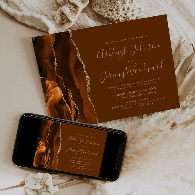 Burnt Orange Gold Agate Nutmeg Brown Wedding Invitation (Creator Uploaded)