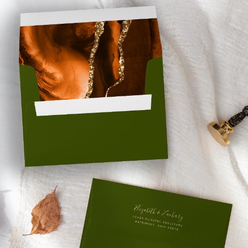 Burnt Orange Gold Agate Olive Green Wedding Envelope