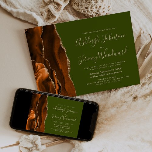 Burnt Orange Gold Agate Olive Green Wedding Invitation